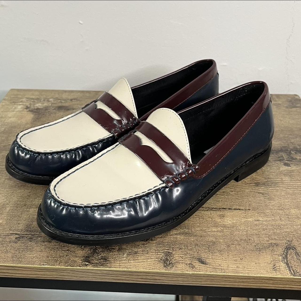 Women's Navy and Burgundy Loafers | Depop
