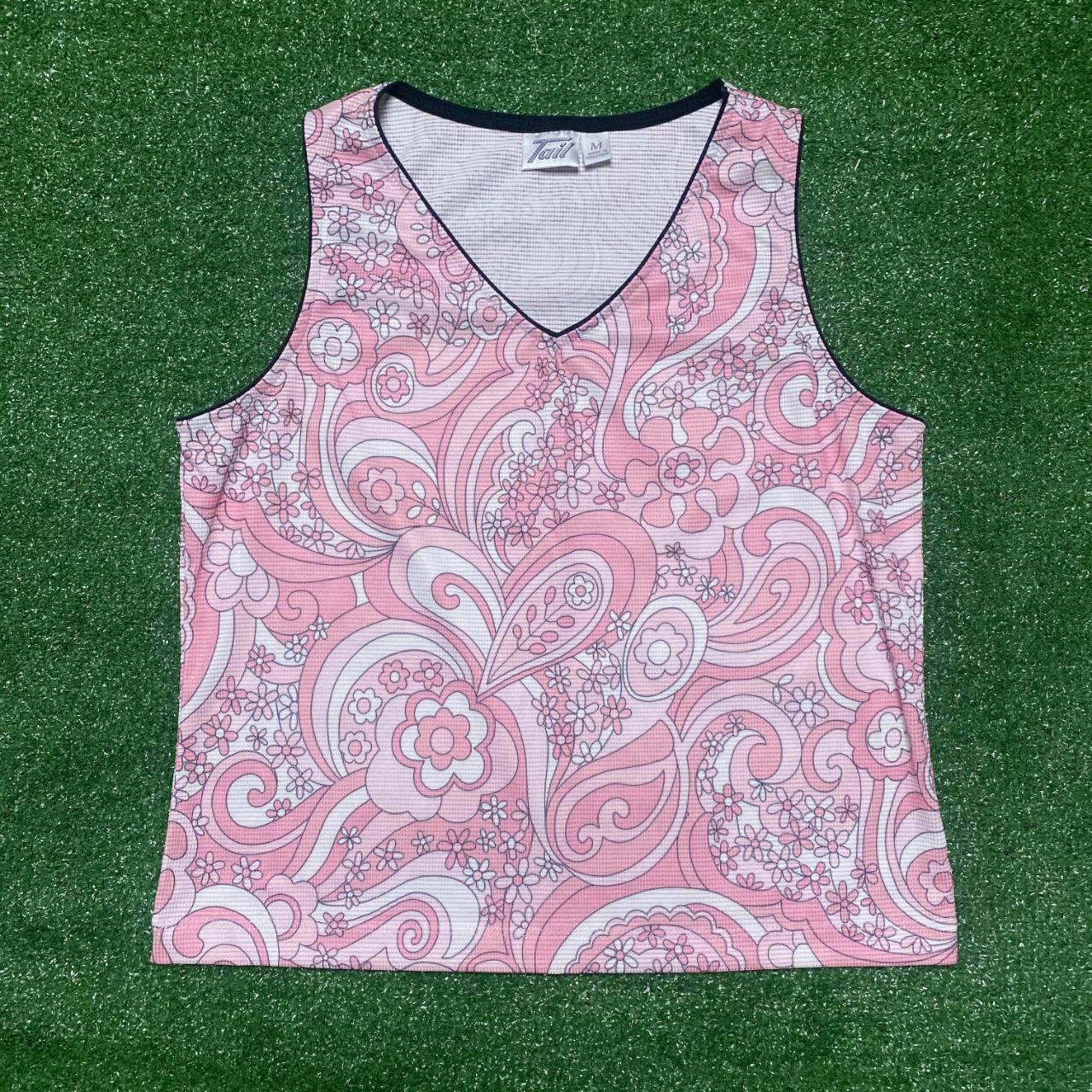 vintage "tail" pink 70s print flower tennis shirt... Depop