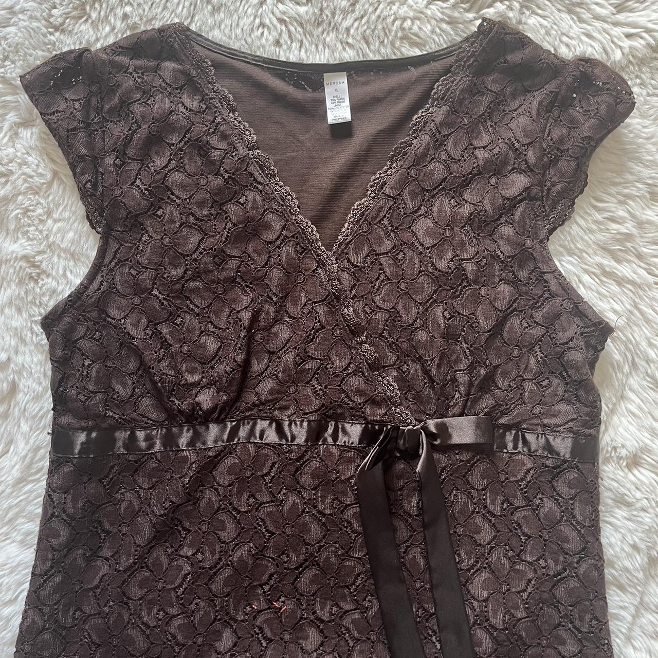 coquette brown v neck blouse with super cute ribbon... - Depop