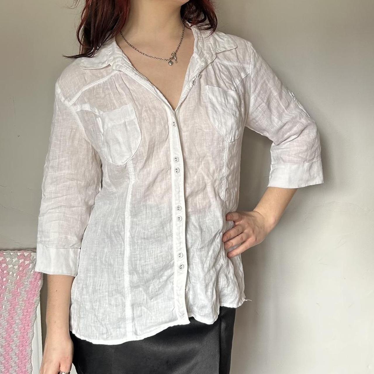 Cotton Linen Tops Women Decorative Buttons Blouses 3/4