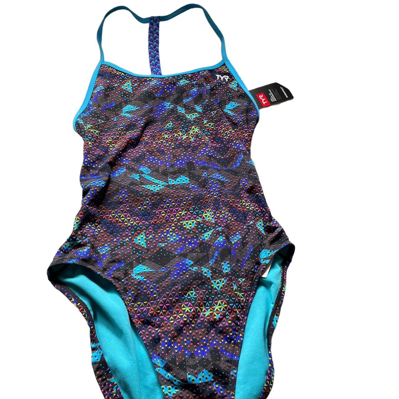 TYR Women's Blue and Black Swimsuitonepiece Depop