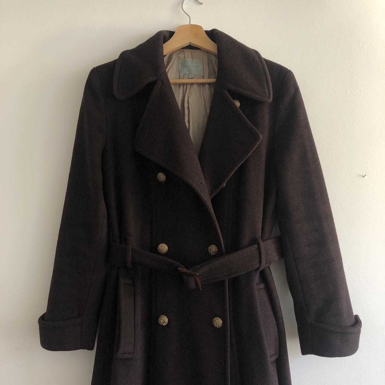 JIGSAW long brown coat. gold buttons and a tortuous... - Depop