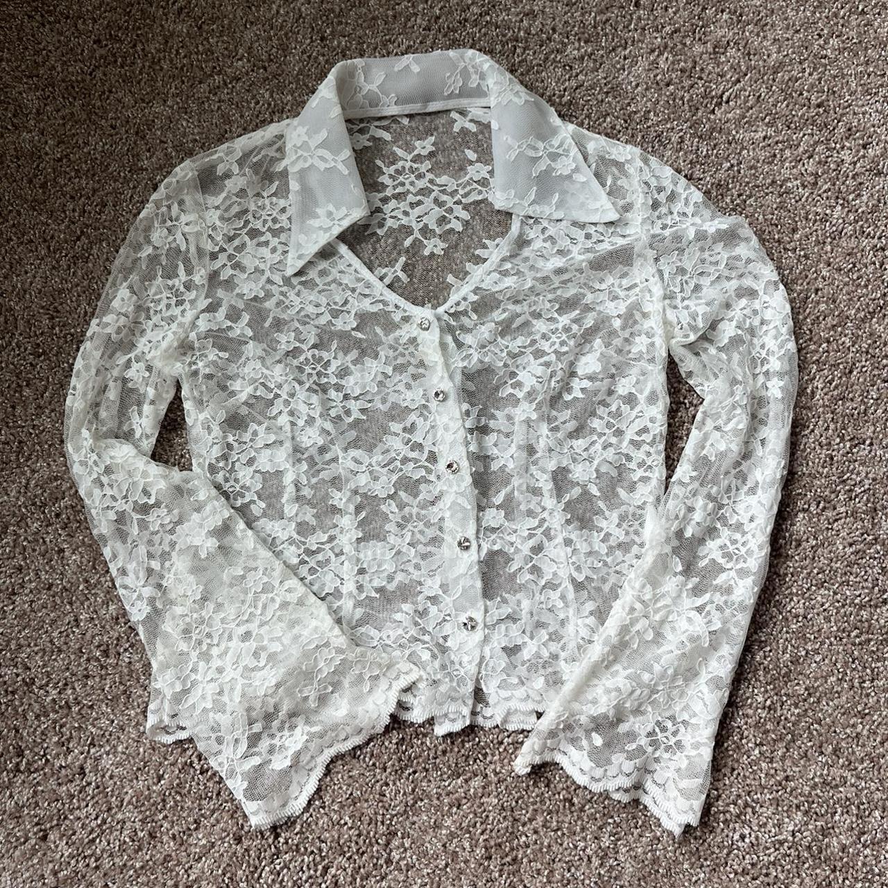 White Lace Button Down Button down lace blouse with... - Depop