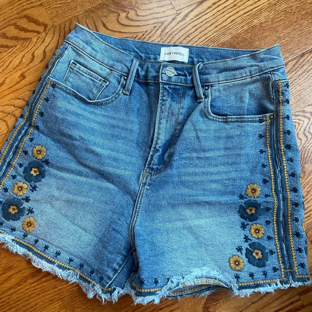 driftwood embroidered denim shorts, size 27 - Depop