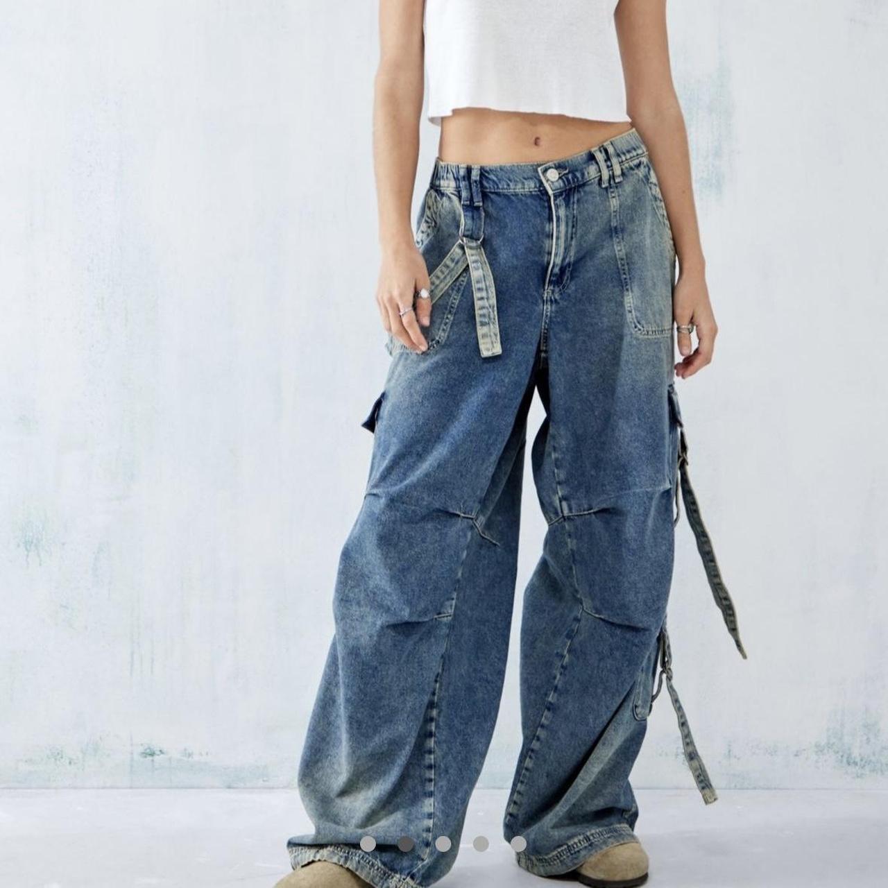 BDG Strappy Bleached Denim Baggy Cargo Pants. Medium... - Depop