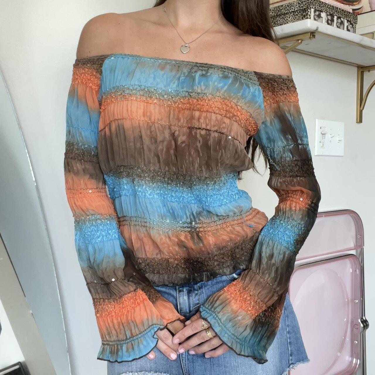 🤍 Orange and Blue Scrunch Longsleeve 🤍 Vintage off... - Depop