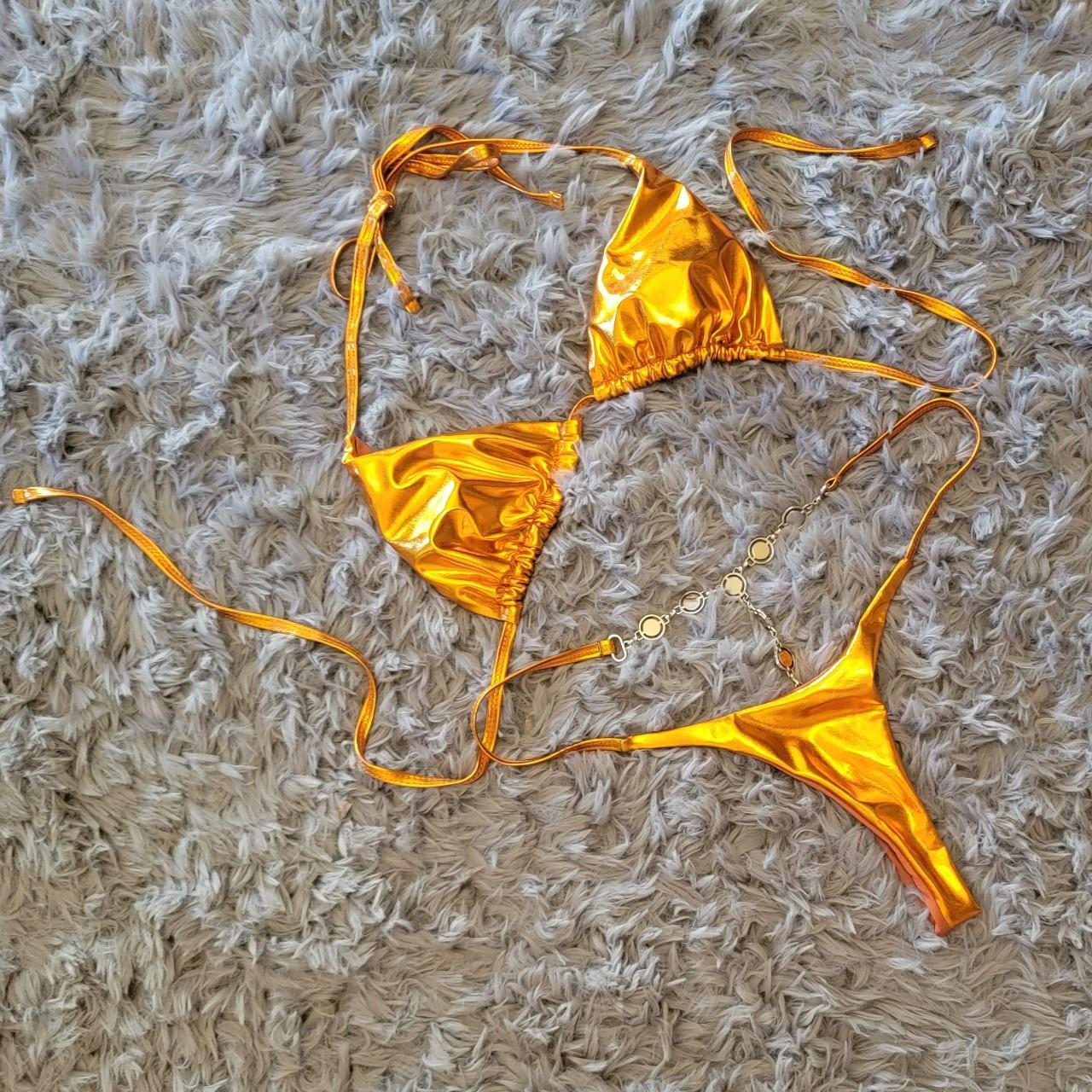 Metallic orange bikini with rhinestone thong... Depop