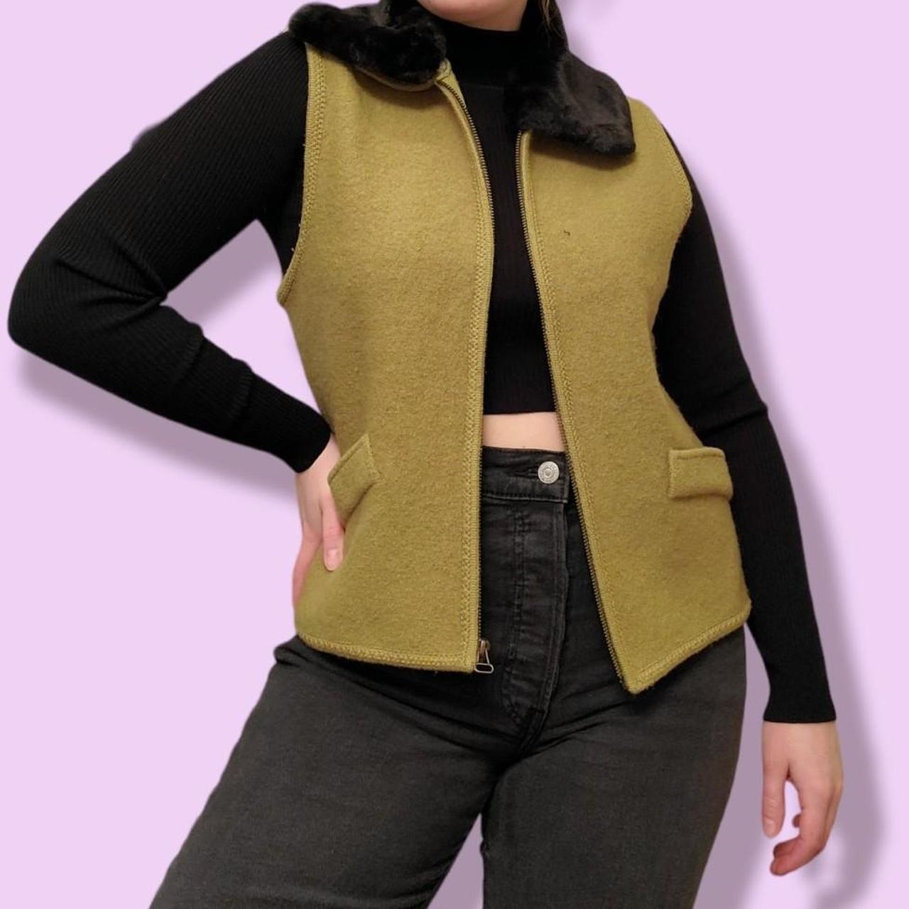 Faux fur collar vest !! Green wool zip up. Collar is... Depop