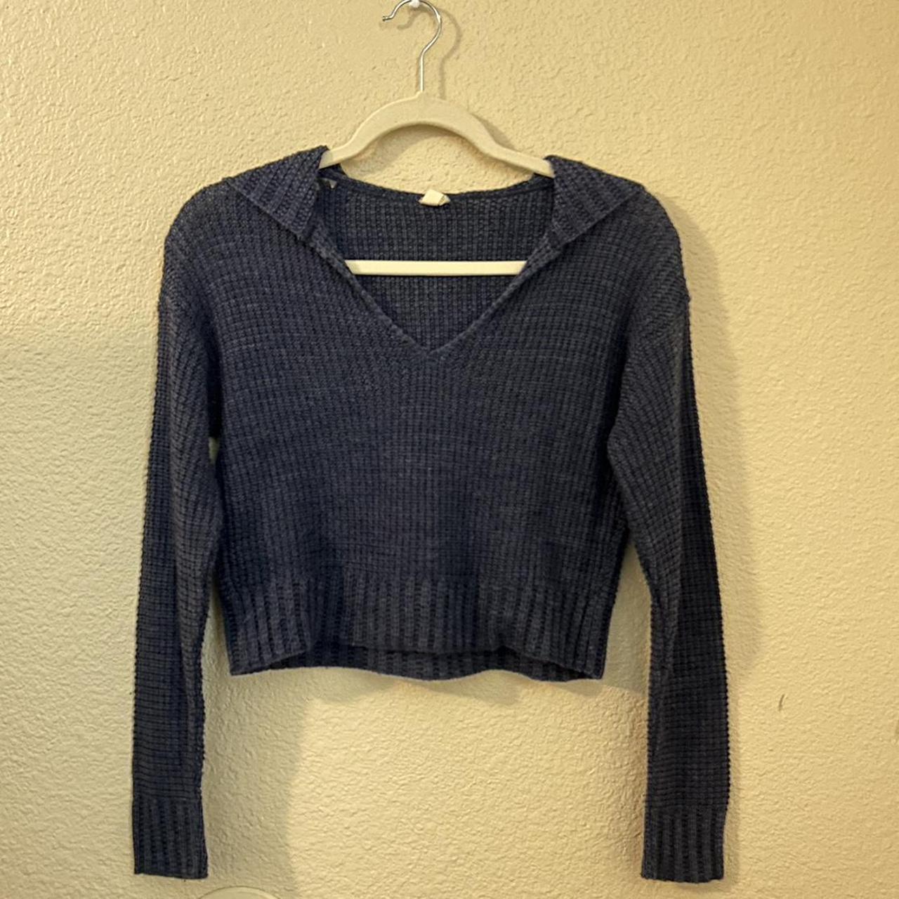 navy blue cropped knit hoodie from tilly’s size:... - Depop