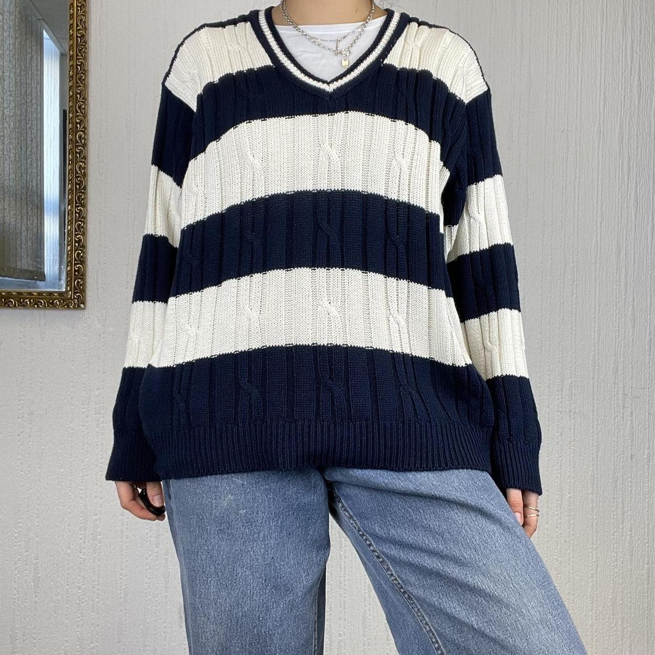 Women's Navy and White Jumper | Depop