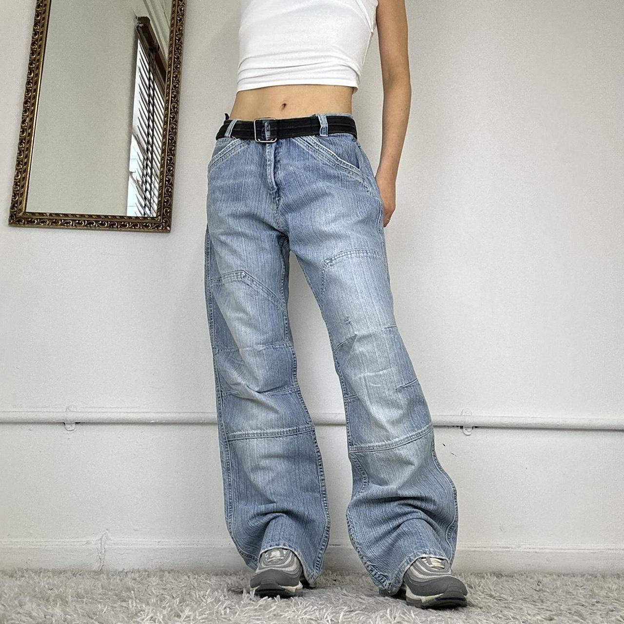 baggy 00's cargo jeans light two tone wash size:... - Depop