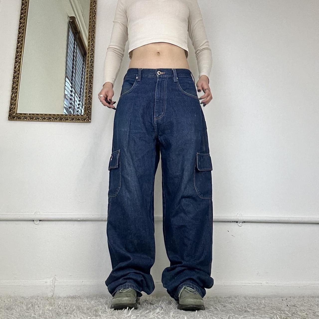 baggy cargo jeans from phat farm dark wash size:... - Depop