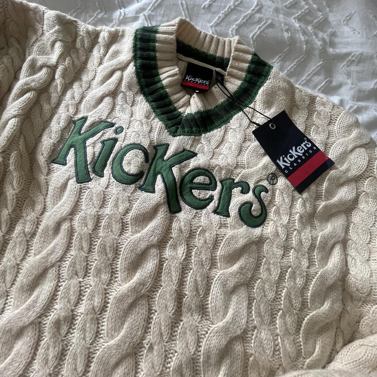 KICKERS cable knit cream and green v neck sweater... Depop