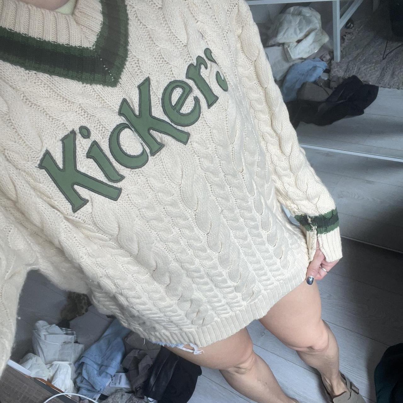 KICKERS cable knit cream and green v neck sweater... Depop