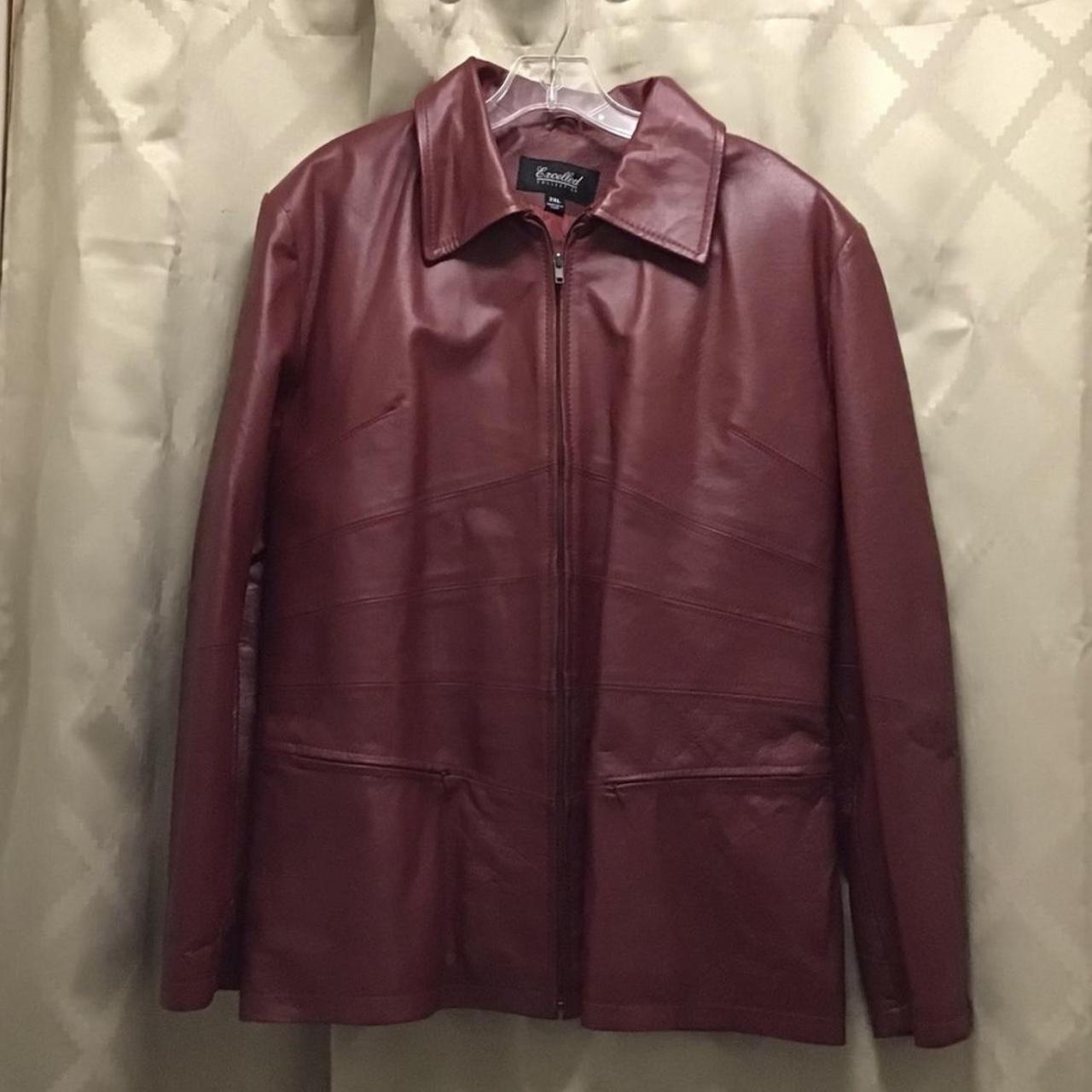 Burgundy/red leather jacket, collared. size 2x but... - Depop