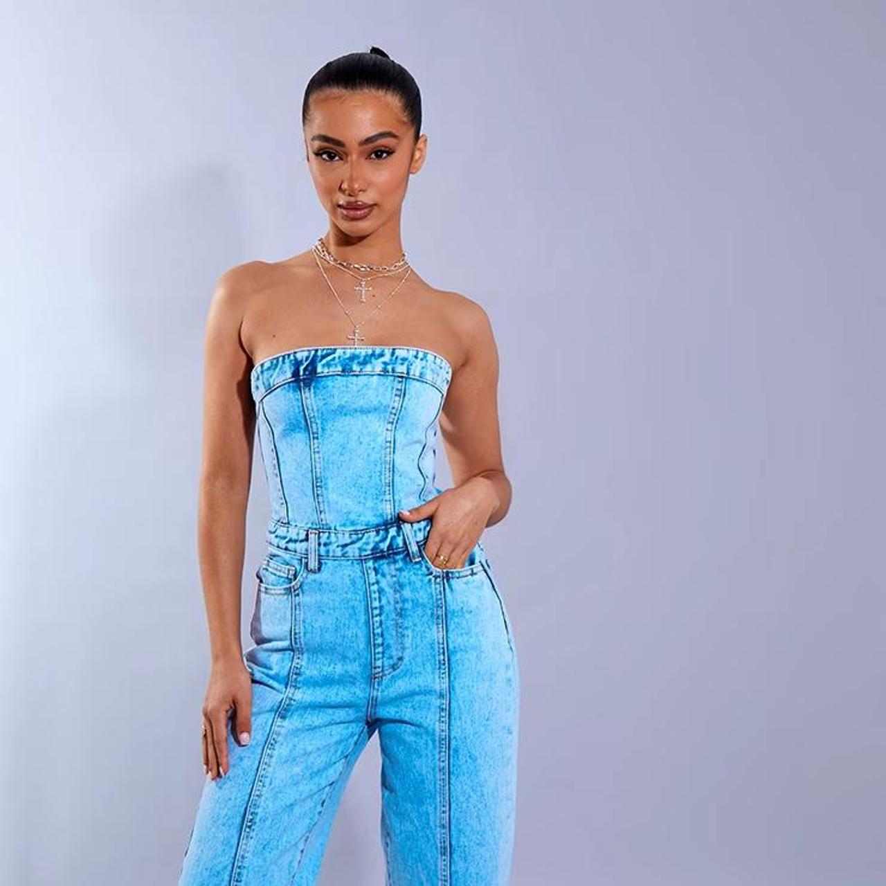 Petite Acid Blue Wash Bandeau Denim Jumpsuit Depop