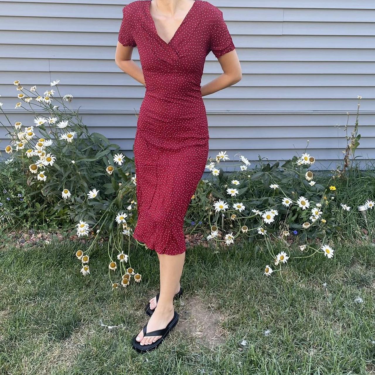 Red dress with little best sale white flowers