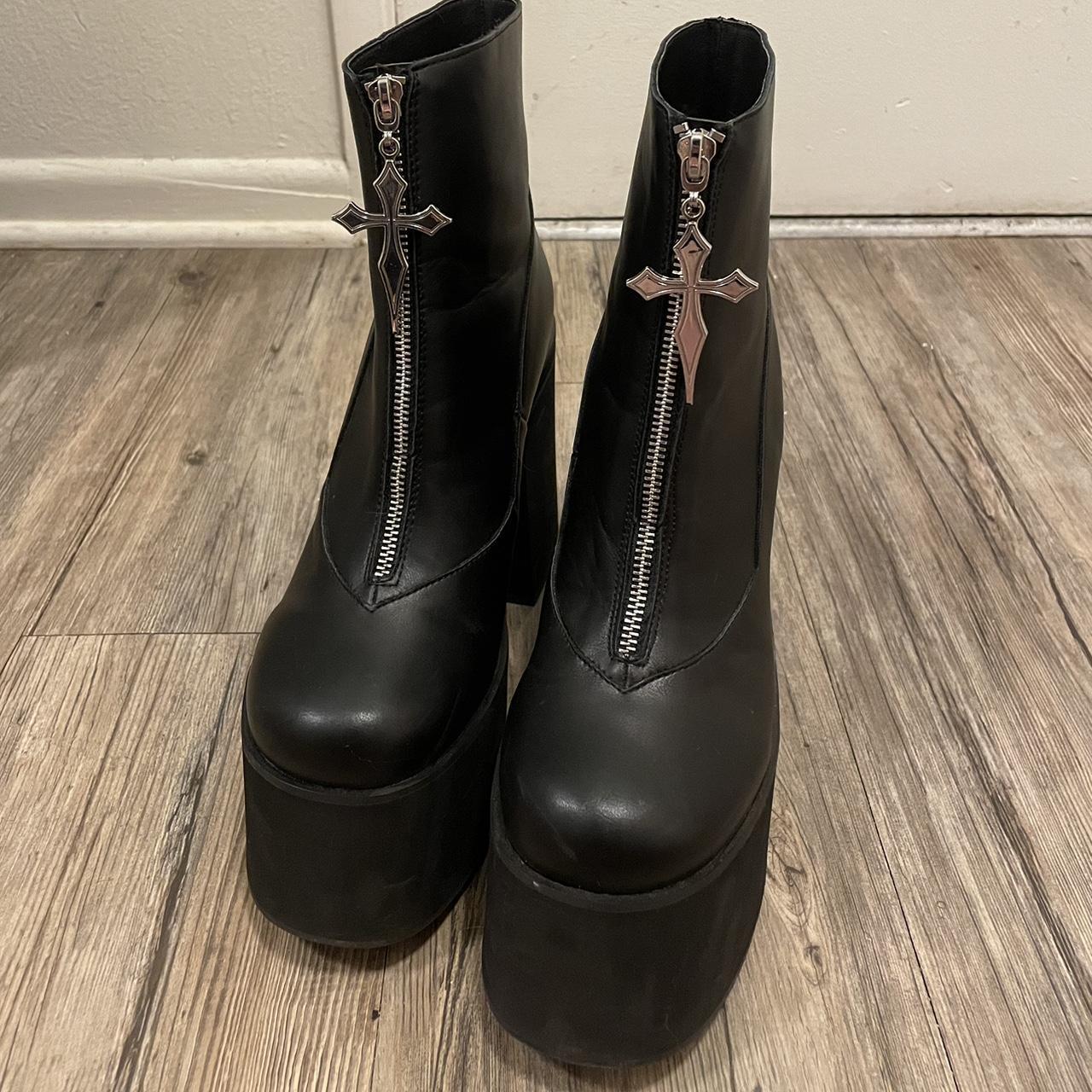 Killstar black platform boots with silver cross... - Depop