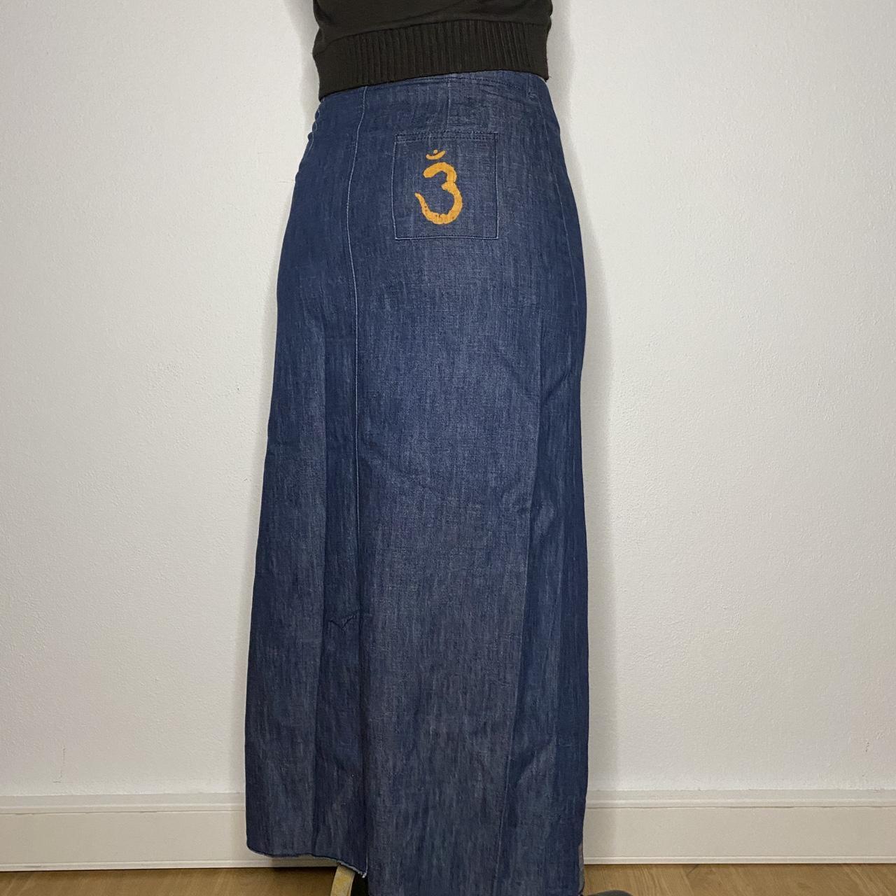 Y2K Denim Maxi Skirt with Religious Print Waist... Depop