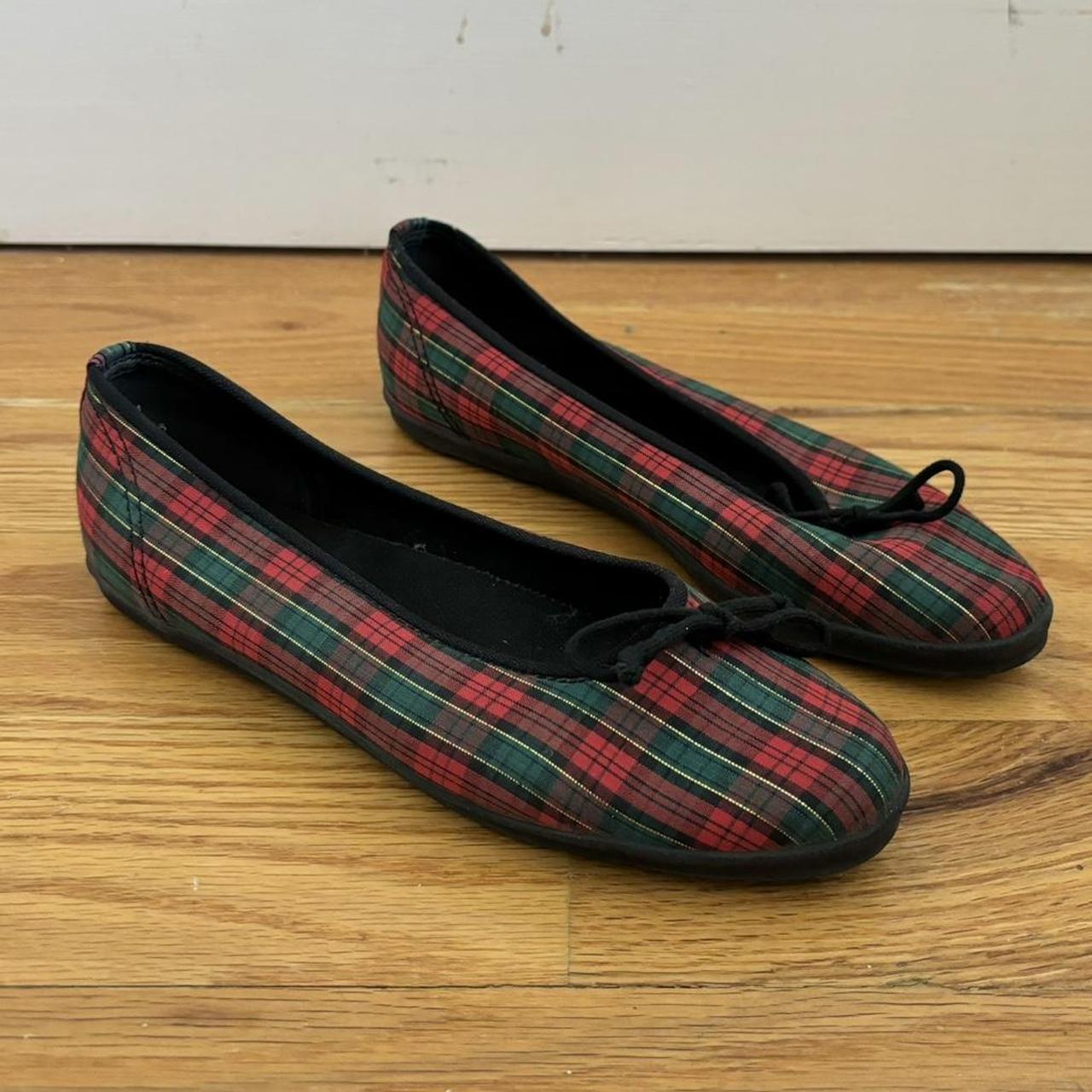 Red plaid 2024 ballet flats