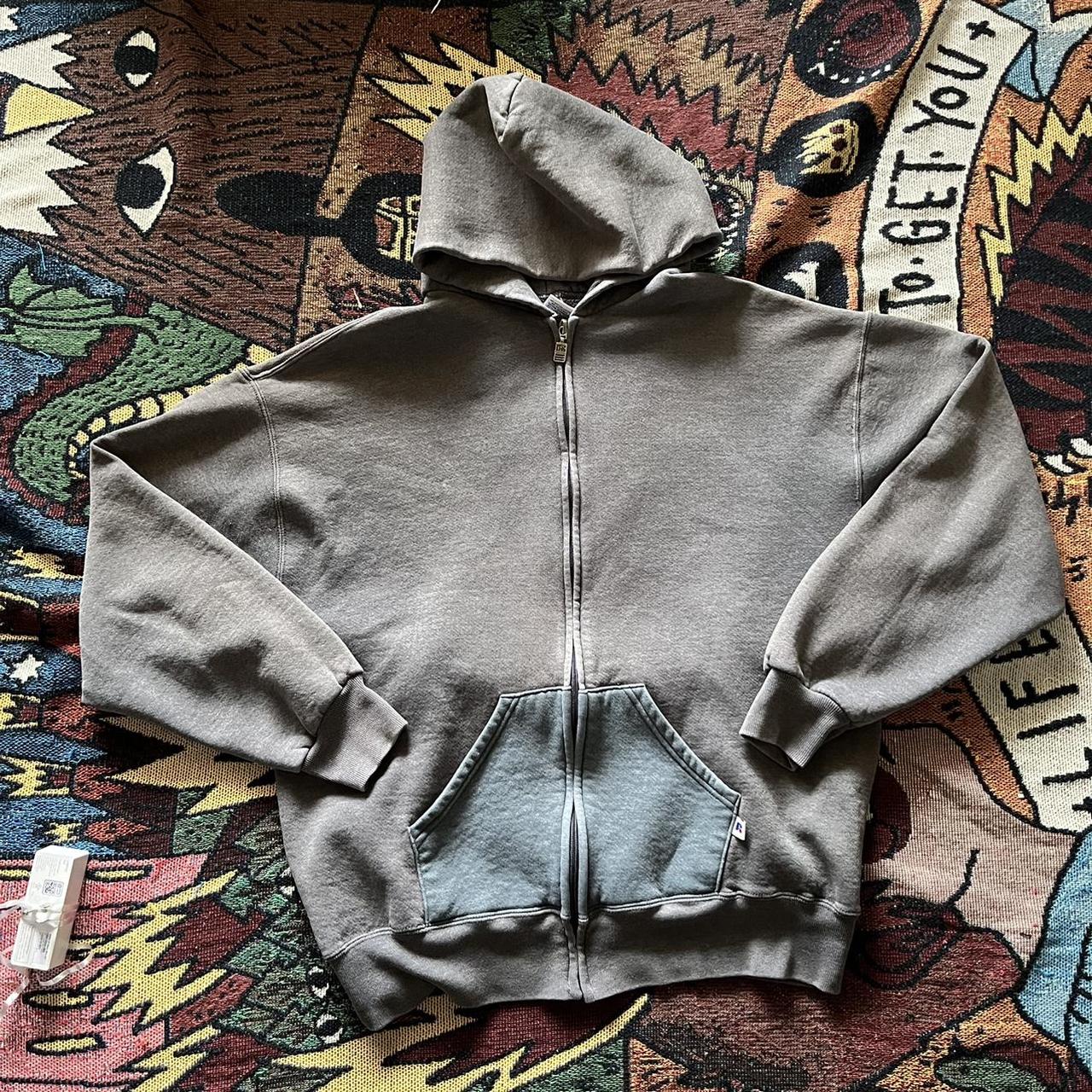 Russell Athletic Men's Khaki and Grey Hoodie Depop