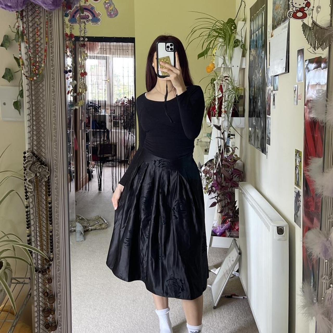 Black silk rose patterned maxi skirt, stretchy... - Depop