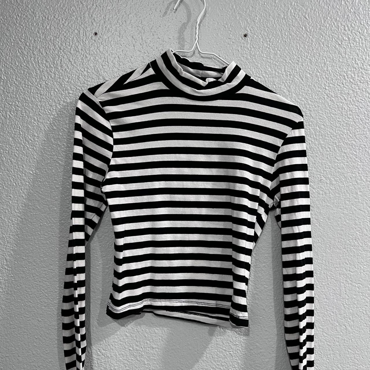 black & white striped mock neck long sleeve. size: M - Depop