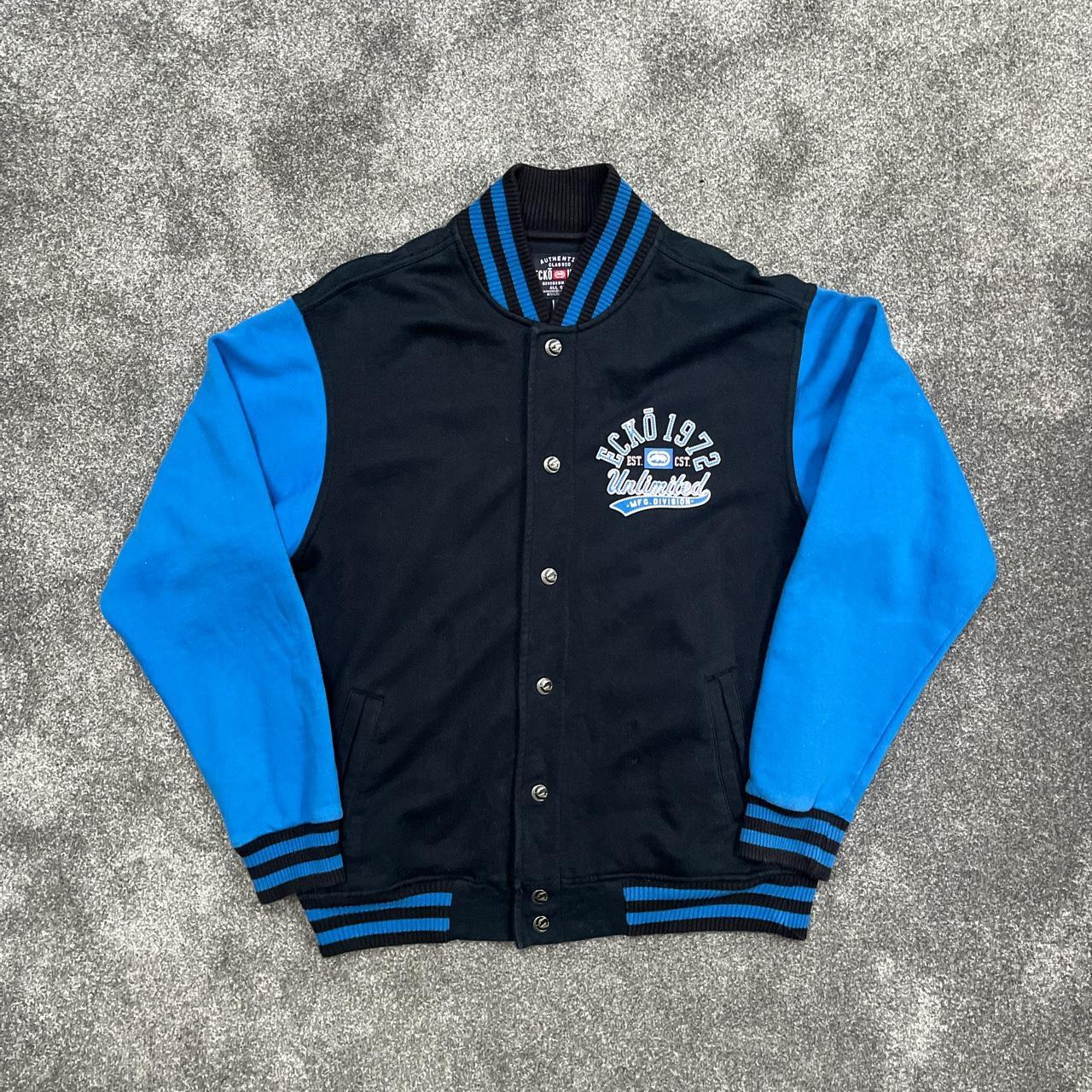 Ecko unlimited varsity jacket in black and blue... - Depop