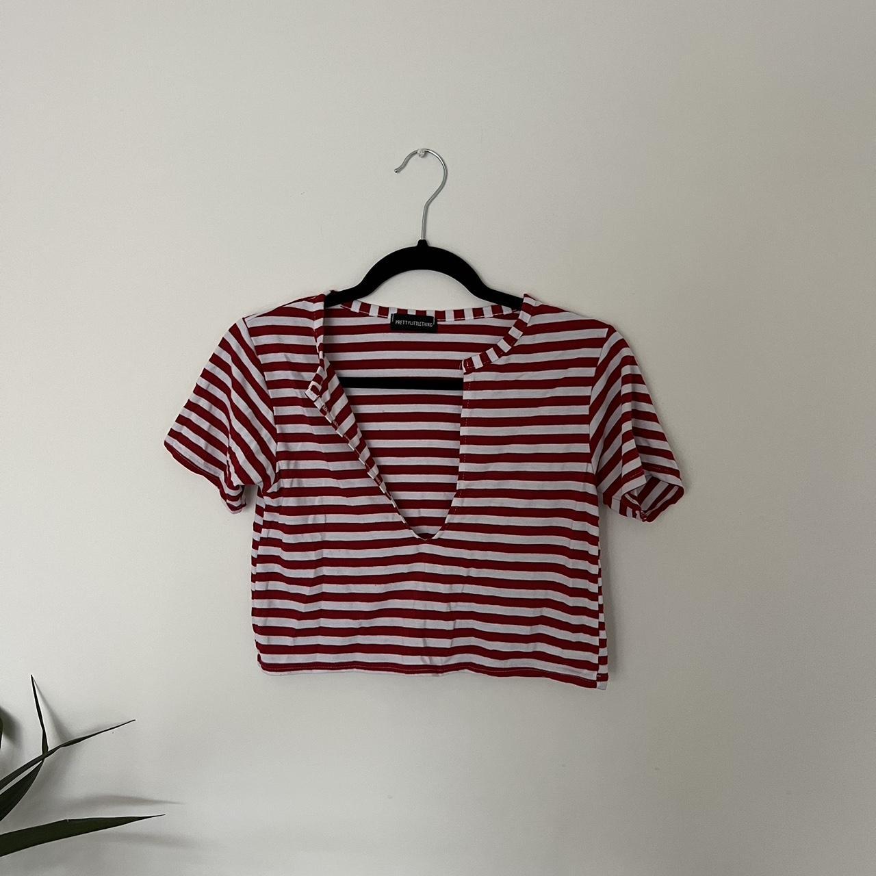 PLT red & white striped crop top with v cut out in a... - Depop