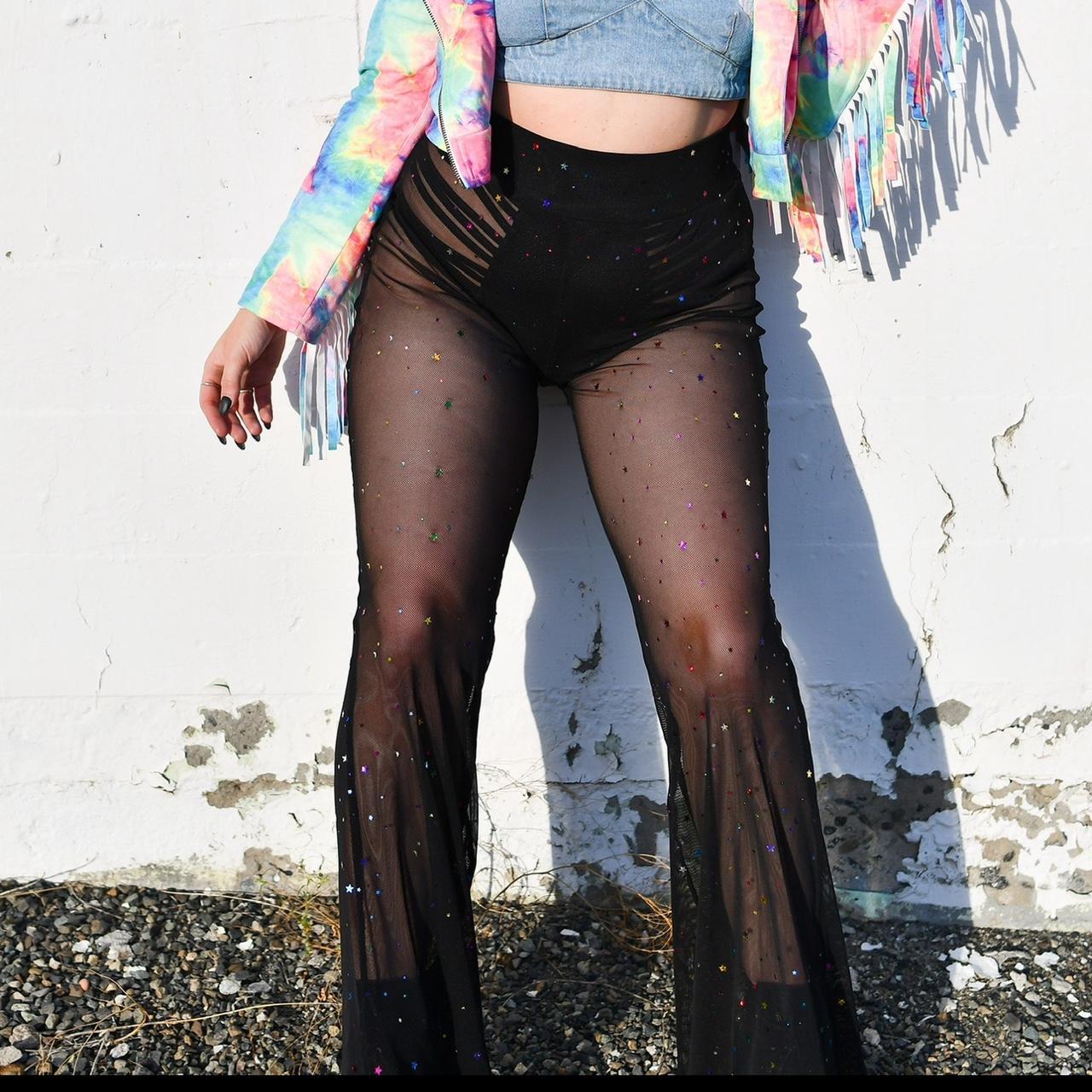 Iheartraves High Waisted Mesh Bell Bottoms Rainbow Depop