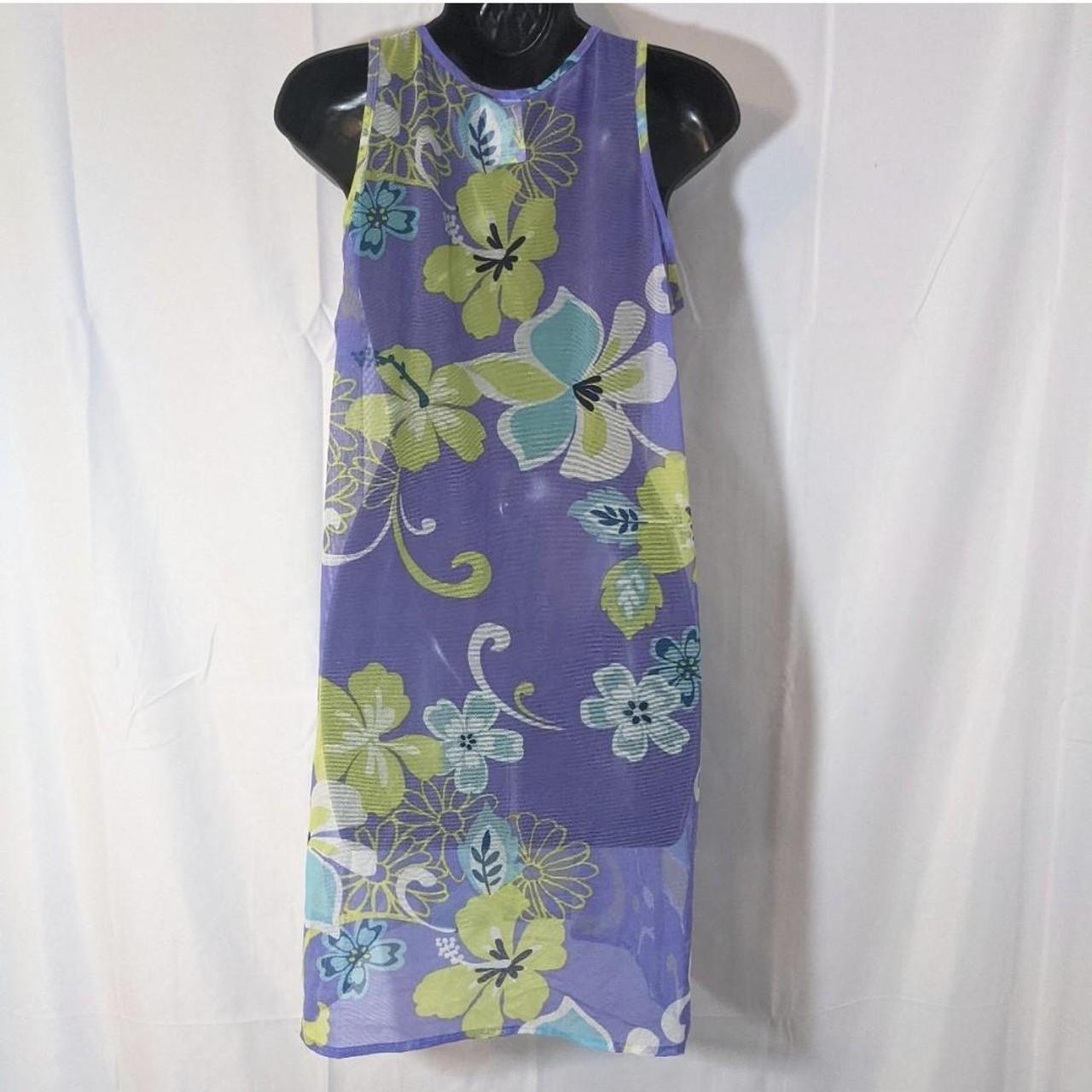 Mesh swimsuit coverup. Y2K Purple floral hibiscus... Depop