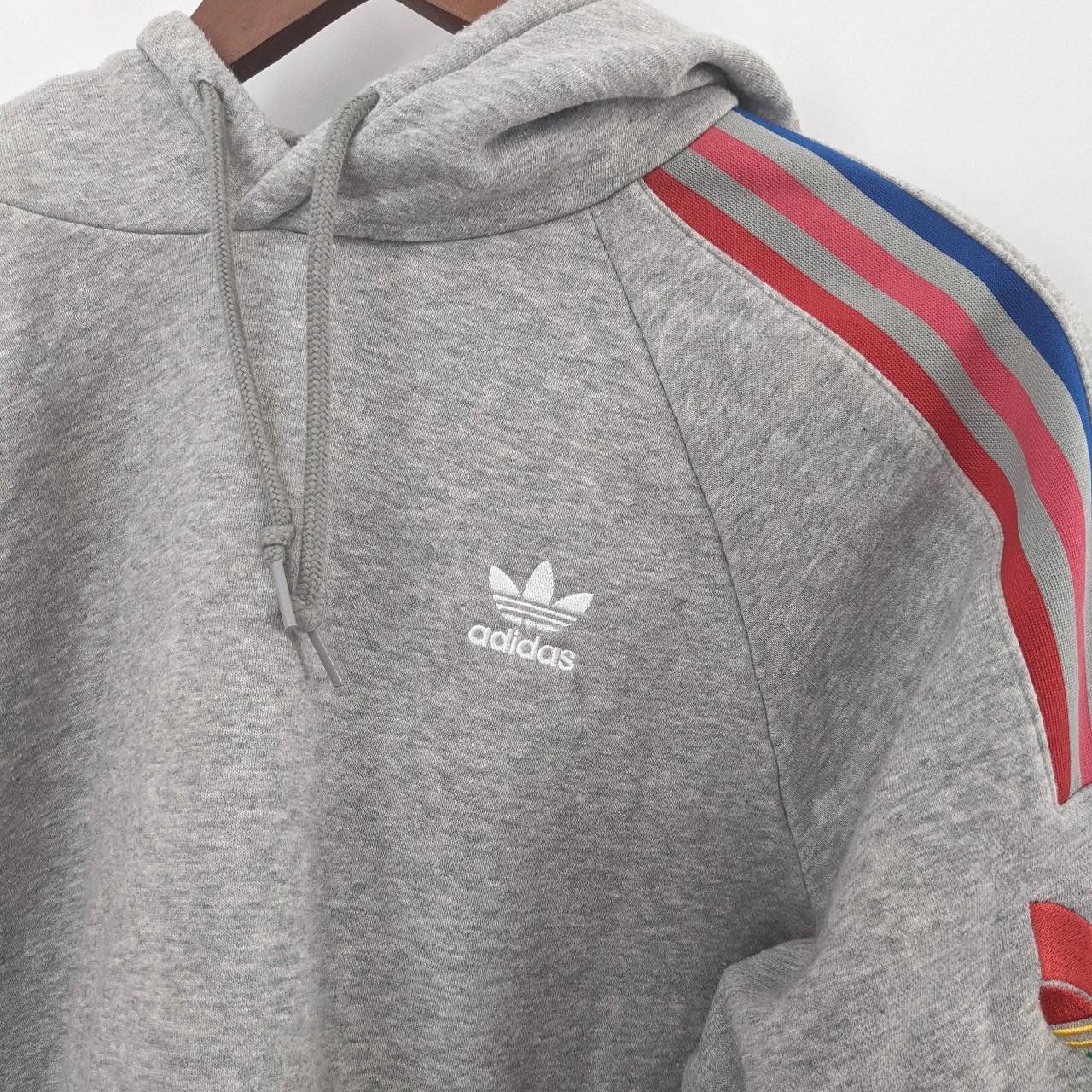 Gray Adidas hoodie with rainbow stripes Pull over... - Depop