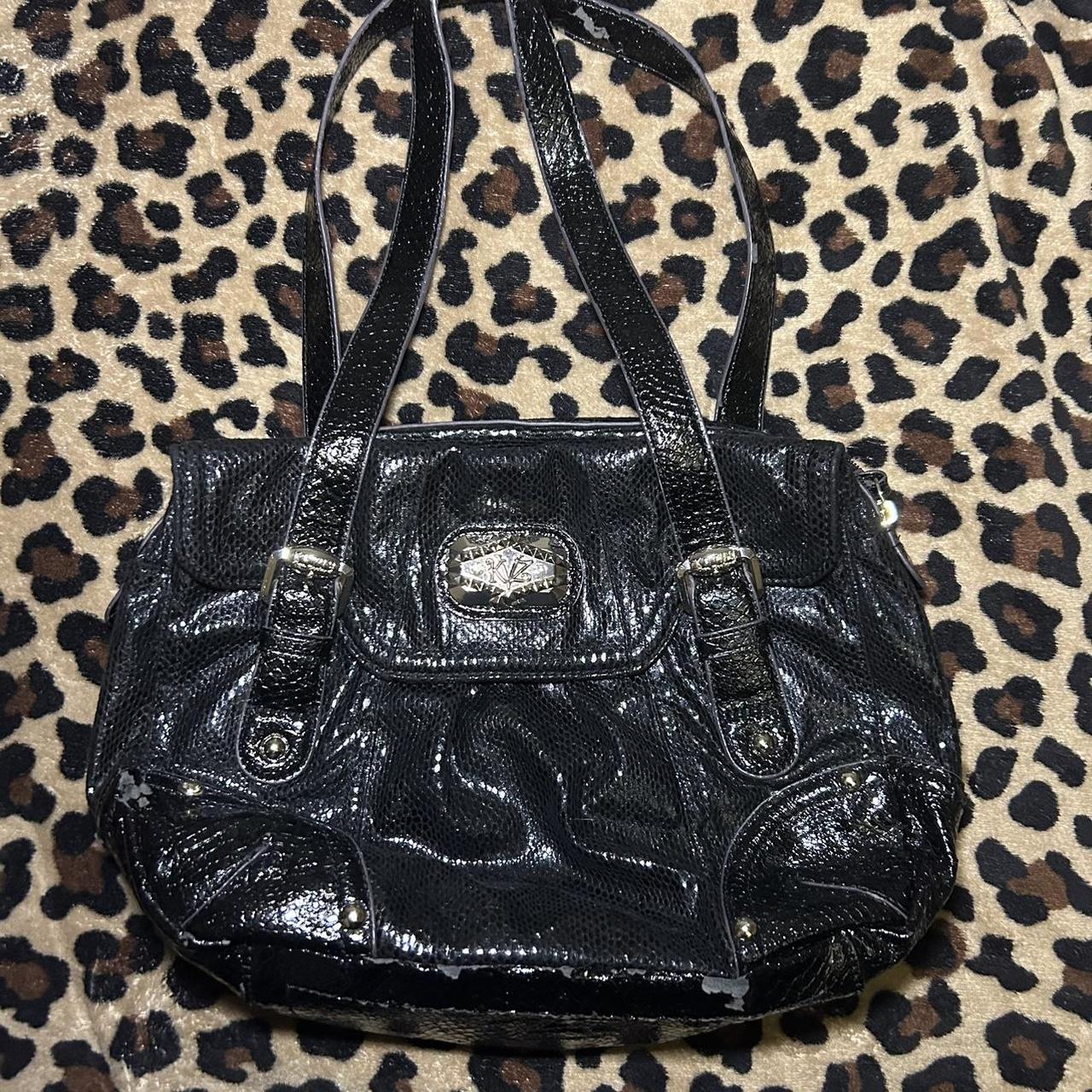 Guess Black Patent Purse With Tan Leather Handles and Accents, Luxury, Bags  & Wallets on Carousell