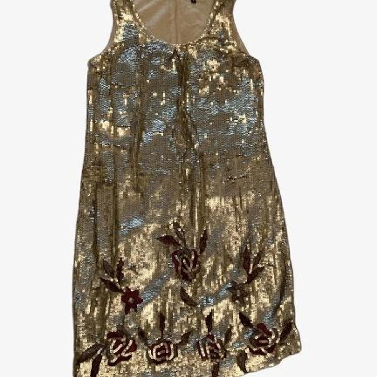 BIBA Vintage Gold Sequin Shift Dress with Floral Depop