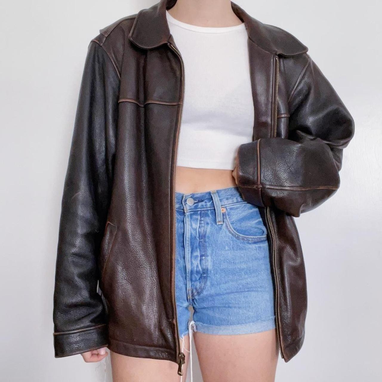 90s Vintage Brown Leather Bomber Jacket Next Day... - Depop