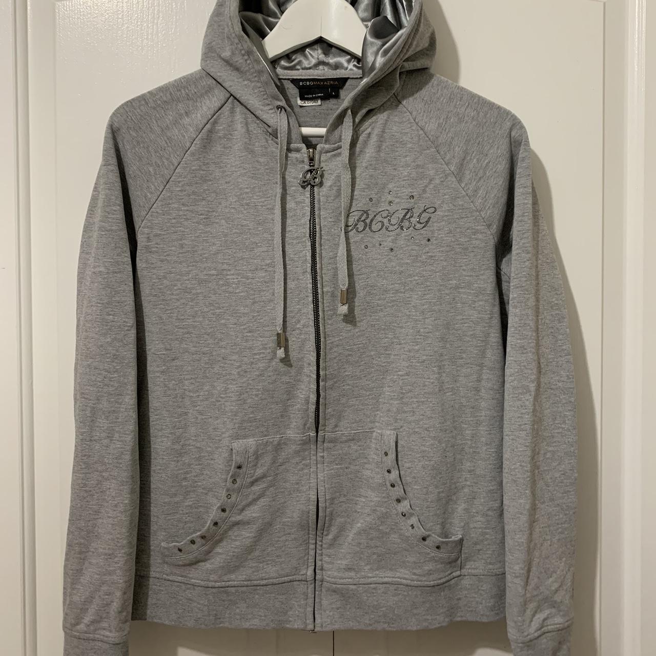 Light grey silver zip up hoodie from BCBG MAXAZRIA Depop