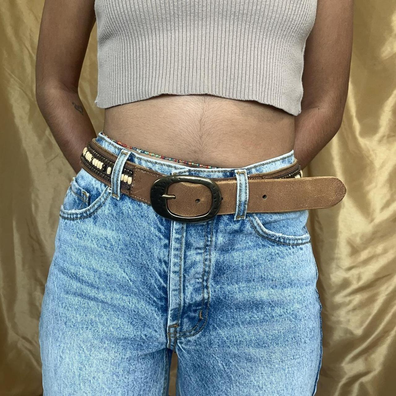 Lucky Brand Beaded Leather Belt Brass Hardware Boho - Depop