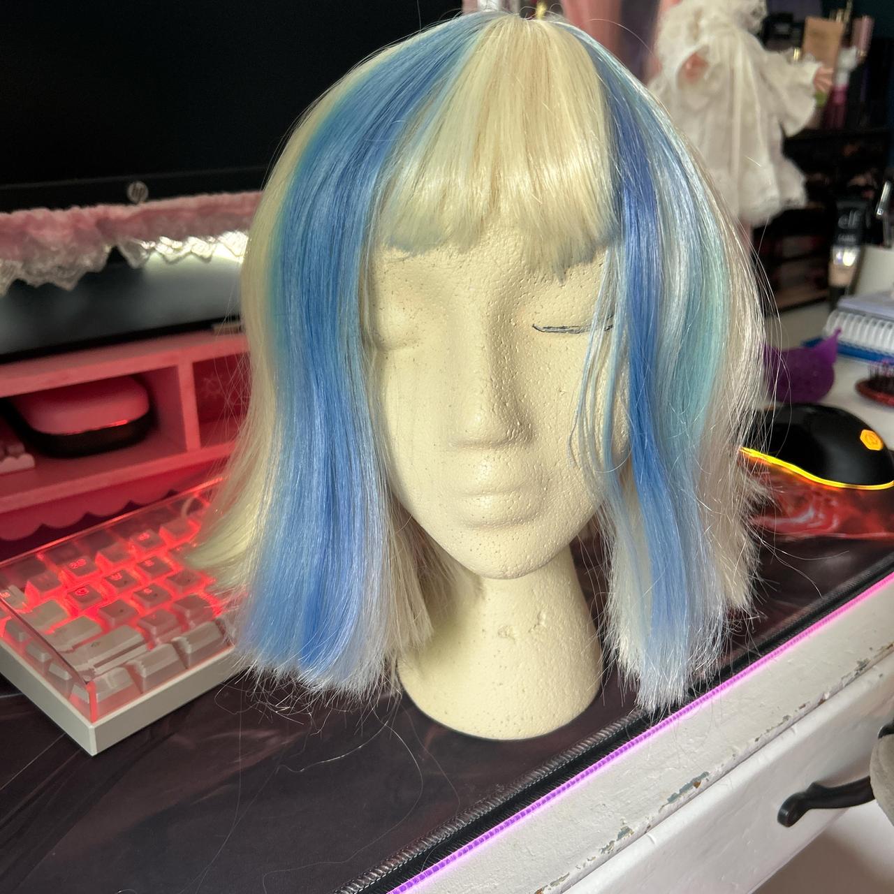 short blonde cosplay wig with blue streaks for... - Depop