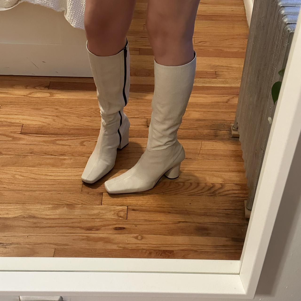 Cream and white knee high boots with a square Depop