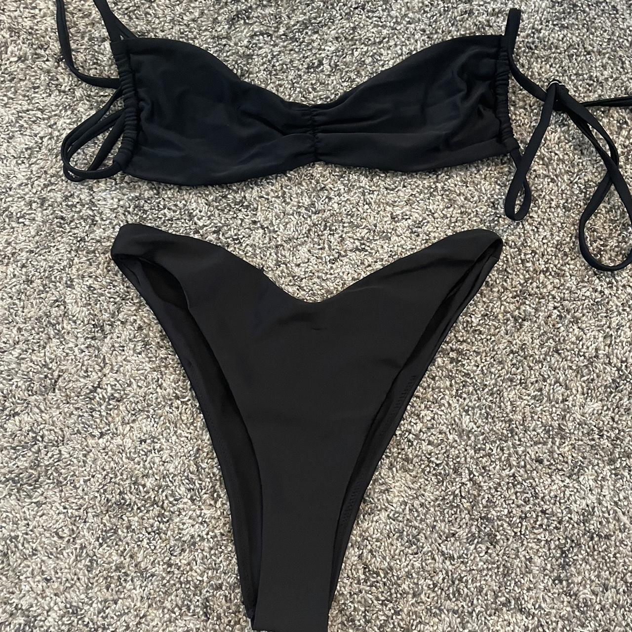 black bikini never worn cinched bikini top and high... - Depop