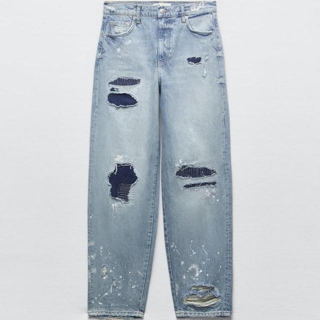 Bershka RIPPED PAINT SPLATTER - Slim fit jeans - blue denim