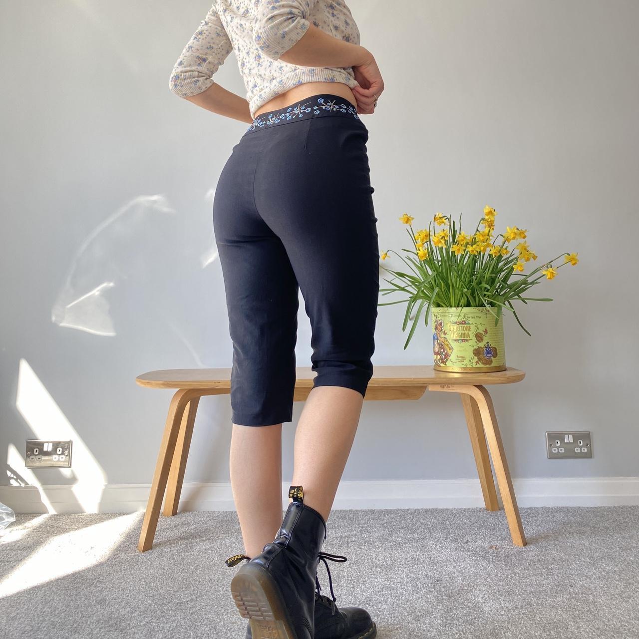 black capri trousers with floral waistband 90s seen... - Depop