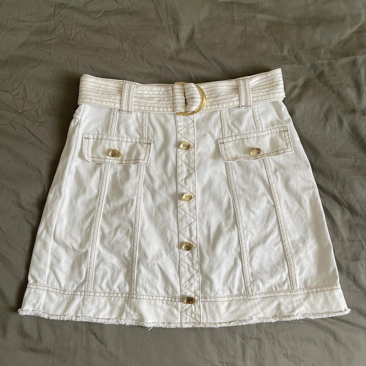 aje arlow white denim mini skirt ★ - size 10, fits... - Depop