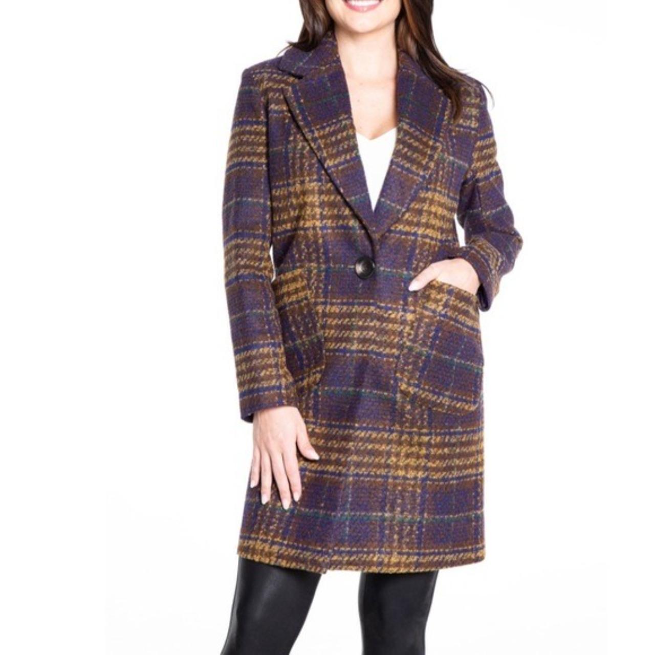 NWT Kensie Women s Long Plaid Coat with Patch. Depop