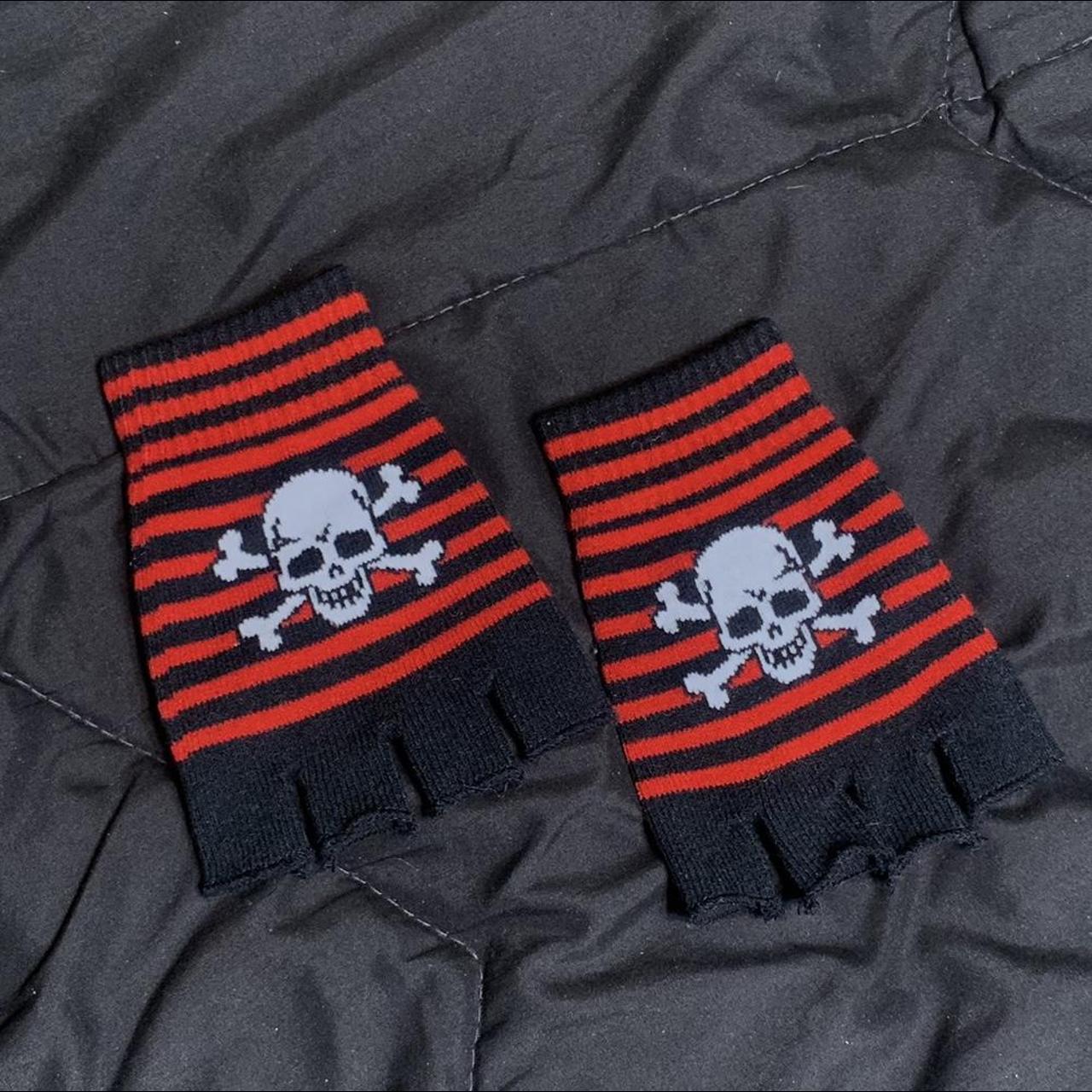 Red and black skull gloves Red and black stripe… - Depop