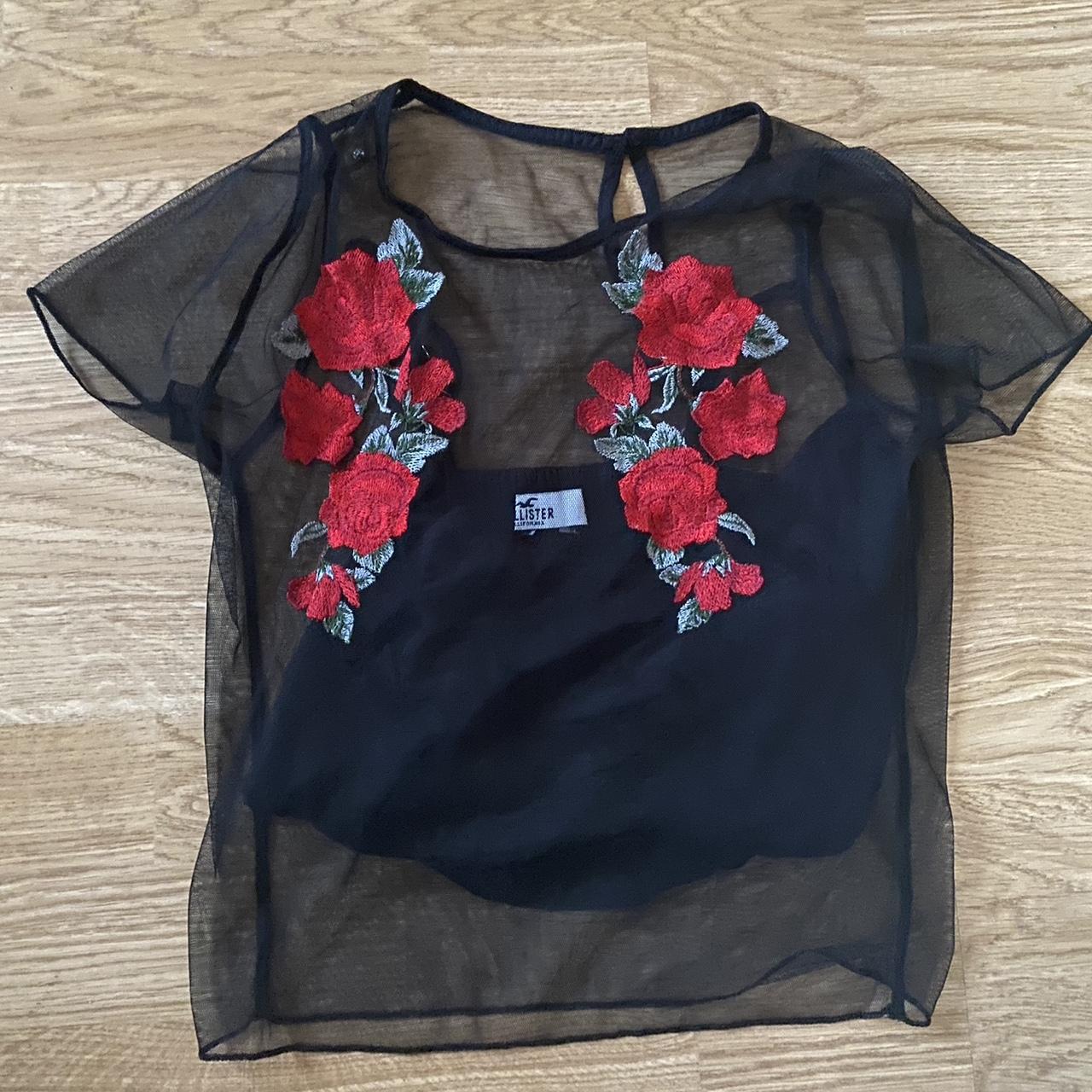 Hollister black mesh top with red floral embroidery. Depop