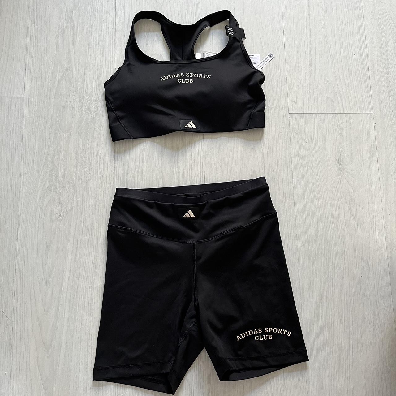 adidas black sports bra and shorts set in size. Depop