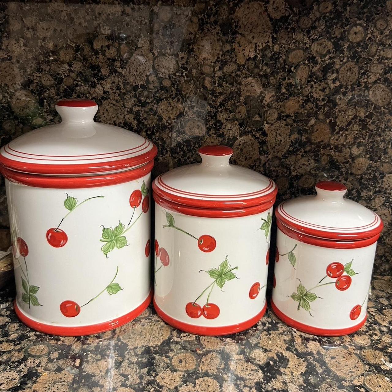 Cherry Cannister 3 piece set. Flour, sugar, tea... - Depop