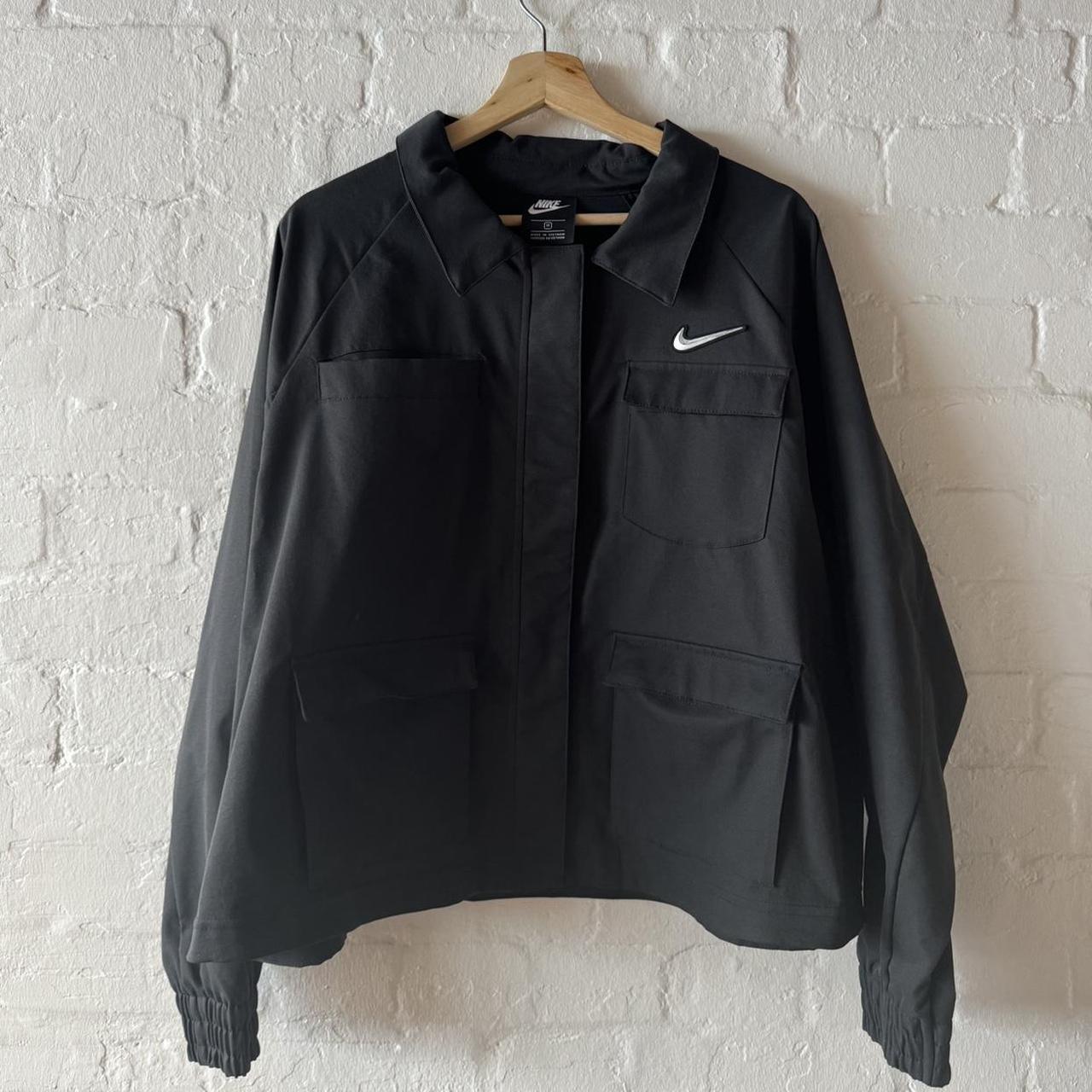 nike swoosh woven utility jacket in black
