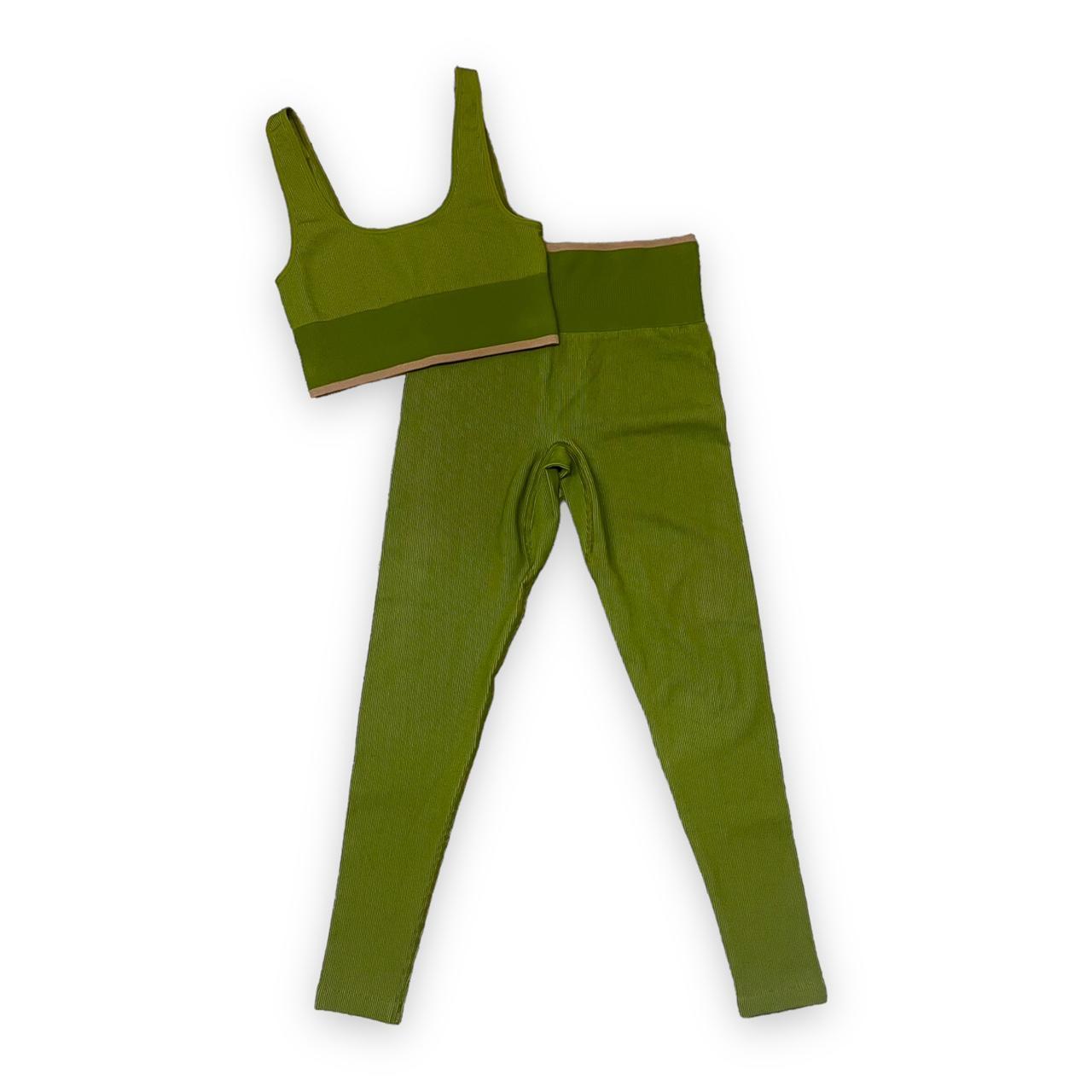 Outdoor Voices Women's Green and Cream Leggings Depop